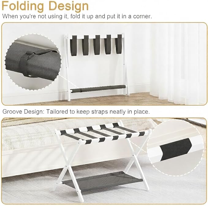 Bamboo Luggage Rack for Guest Room, 26.77" Folding Wide Suitcase Stand with Fabric Storage Shelf, Thickened Luggage Stand Holder for Bedroom Hotel, Luggage Rack for Suitcases (1 Pack - White)