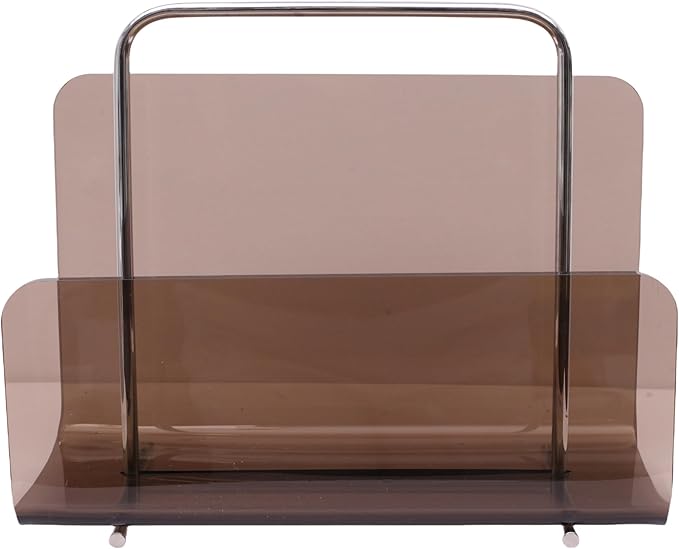 Magazine Holder, Brown Clear Acrylic with Stainless Steel Handle, Tabletop Display Stand
