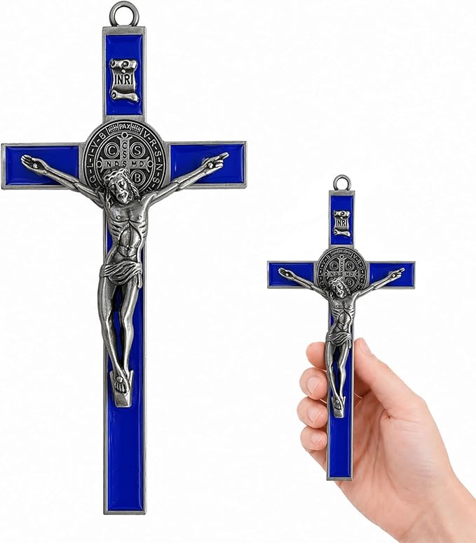 TALPGOD St Benedict Crucifix Silver Blue 7.2 Inch,Crucifix Wall Cross for Catholic Decor,Jesus Christ Hanging Cross Wall Art Decor,Escapularios Catolicos,Saint Benedict Medal for Home Decoration