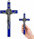 TALPGOD St Benedict Crucifix Silver Blue 7.2 Inch,Crucifix Wall Cross for Catholic Decor,Jesus Christ Hanging Cross Wall Art Decor,Escapularios Catolicos,Saint Benedict Medal for Home Decoration