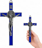 TALPGOD St Benedict Crucifix Silver Blue 7.2 Inch,Crucifix Wall Cross for Catholic Decor,Jesus Christ Hanging Cross Wall Art Decor,Escapularios Catolicos,Saint Benedict Medal for Home Decoration