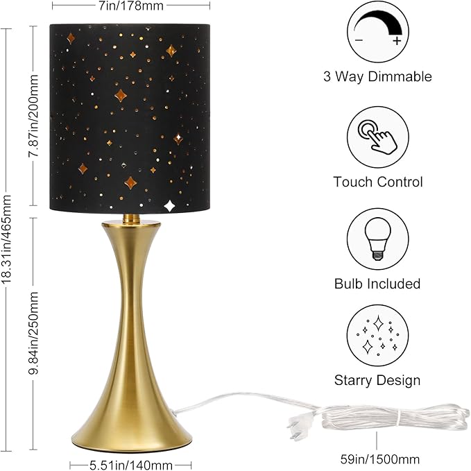 Touch Lamp for Bedroom, 3 Way Dimmable Gold Table Lamp with Black Starry Shade, Decorative Nightstand Lamp Ambient Beside Light for Living Room, Guest Room, Office 3000K LED Bulb Included