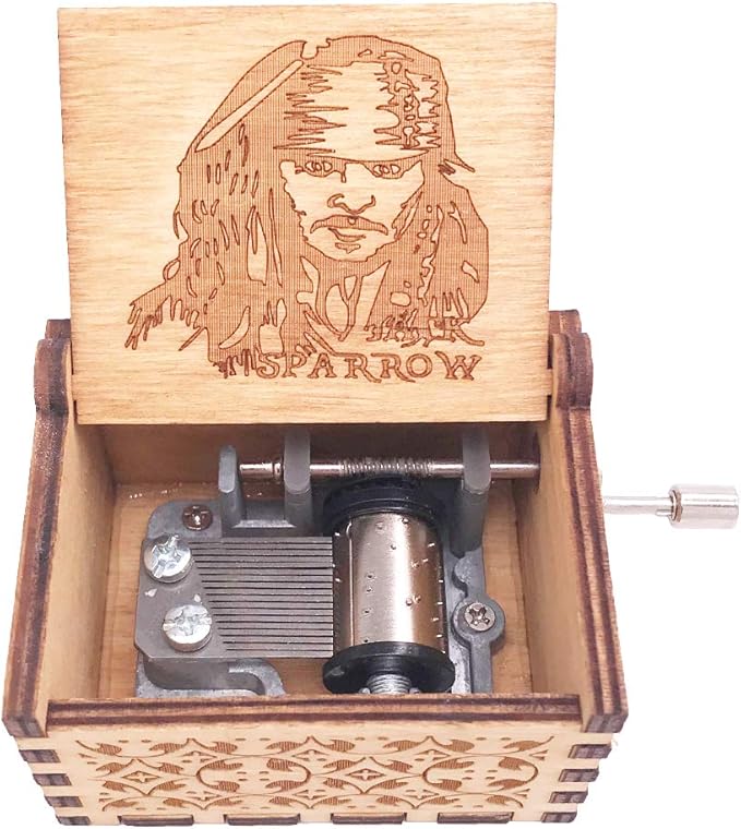 Jack Sparrow Music Box Hand Crank Musical Box Carved Wooden,Play Davy Jone's Theme,Brown