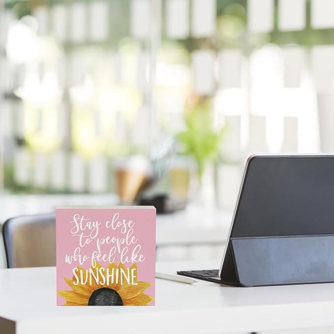 Sunflowers Pink Room Decor Sunflower Gifts for Women Spring Decor Pink Accessories Sunflower Wooden Box Sign for Home Office Desk Tabletop Shelf