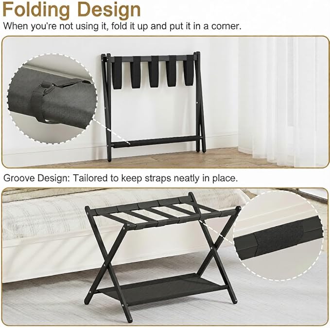 2 Pack Bamboo Luggage Rack for Guest Room, 26.77" Folding Wide Suitcase Stand with Fabric Storage Shelf, Thickened Luggage Stand Holder for Bedroom Hotel, Luggage Rack for Suitcases (2 Pack - Black)