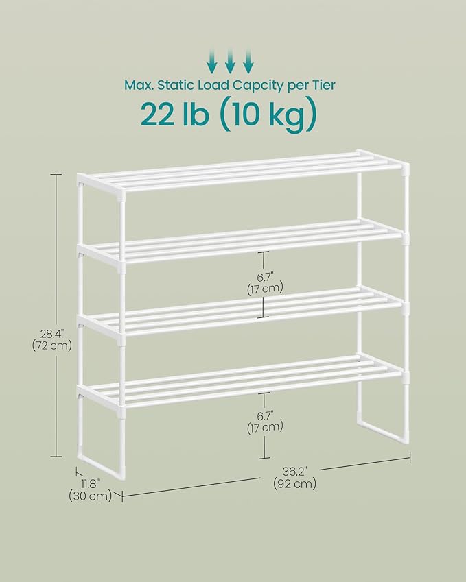SONGMICS Shoe Rack, 4-Tier Shoe Organizer, Metal Storage Shelf, Upright or Upside Down, for 20-25 Pairs, Stackable, for Entryway, 11.8 x 36.2 x 29.1 Inches, Pearl White ULSA014WK01