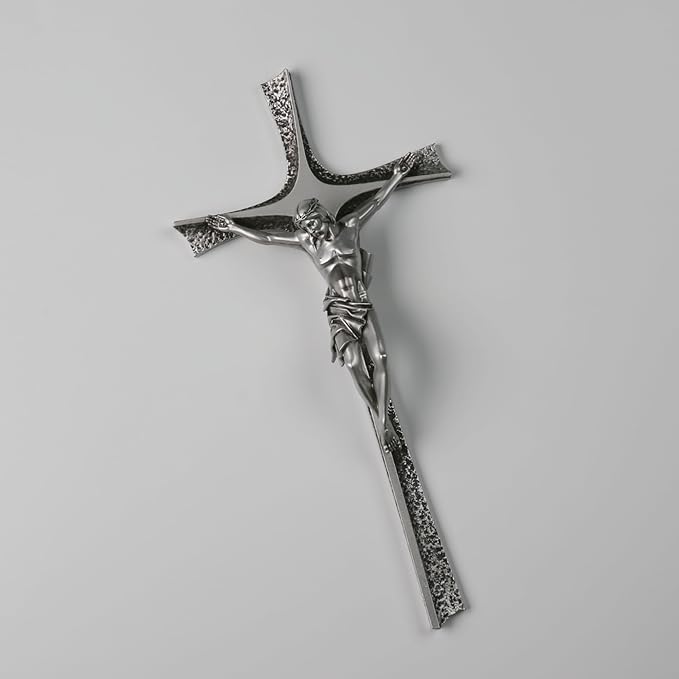 ShineOnAngel Crucifix Wall Cross, 12 Inch Silver Color Durable Resin Wall Crucifix Modern Home Decor, Hand Painted Antique Style Jesus Cross for Wall Religious Housewarming Gifts
