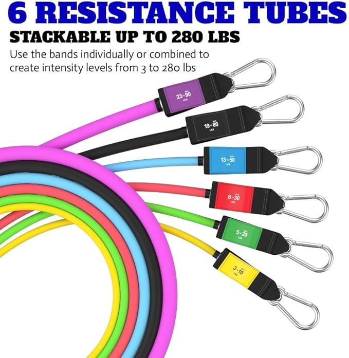 Bodylastics Patented Basic Series Resistance Band Set - 5 Resistance Bands with Snap Reduction Tech, 2 Handles, 2 Ankle Straps, 1 Door Anchor & 1 Carry Bag