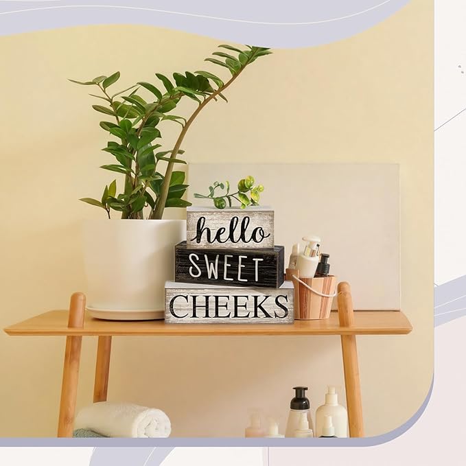 Moucuny 4 Pcs Bathroom Shelf Decor Hello Sweet Cheeks Sign Farmhouse Bathroom Decor and Accessories Rustic Eucalyptus Leaves Wood Block Sign Gift Sweet Home Table Centerpiece for Home Office