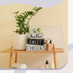 Moucuny 4 Pcs Bathroom Shelf Decor Hello Sweet Cheeks Sign Farmhouse Bathroom Decor and Accessories Rustic Eucalyptus Leaves Wood Block Sign Gift Sweet Home Table Centerpiece for Home Office