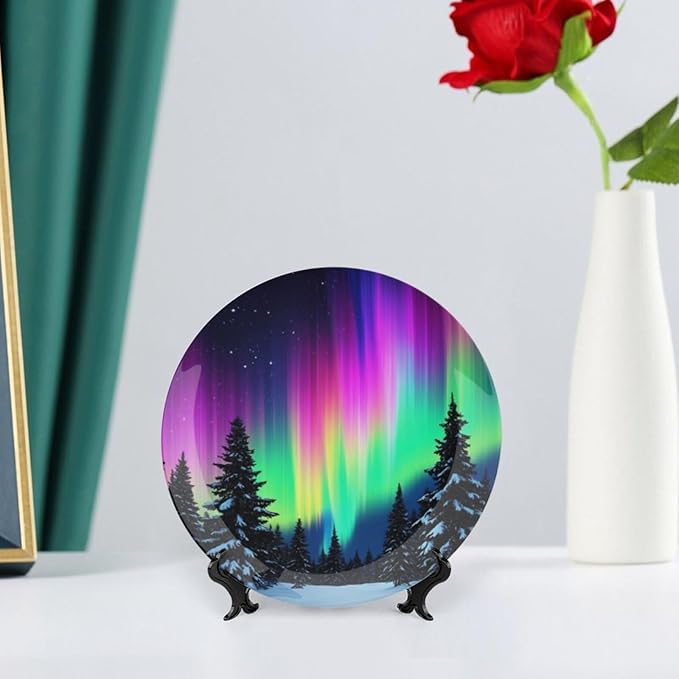 Aurora Theme Decorative Ceramic Plate Round Porcelain Plate,6 inch,Snow Forest Pattern,for Decorative Ornaments Giving Plates,1 Plate with 1 Display Stand,Purple Green