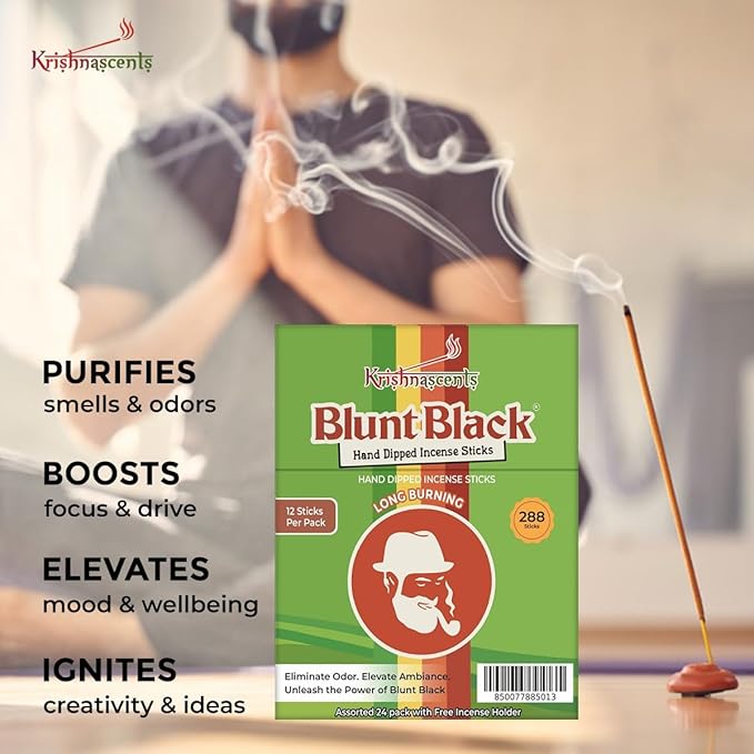 Blunt Black Hand-Dipped Incense Sticks | Premium 24 Assorted Packs - 288 Sticks, 11" Long | Aromatherapy with Long Burn Time | Free Wooden Stick Holder (Scents May Vary)