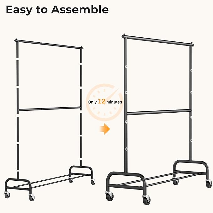 MISSLO Heavy Duty Clothes Rack for Hanging Clothes Rolling Clothing Rack Heavy Duty on Wheels for Coat, Garment, Matte Black (Double Rod)