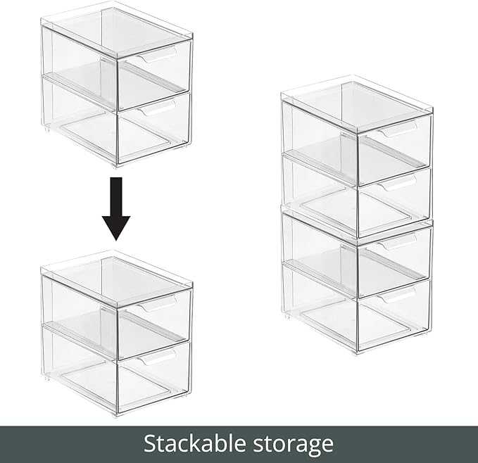 mDesign Stackable Storage Containers Box with 2 Pull-Out Drawers - Stacking Plastic Drawer Bins for Closet Organization, Linen, Coat, Bedroom or Entryway Closets - Lumiere Collection - 4 Pack, Clear