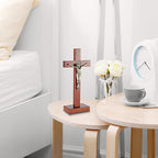 ARCHOBAN Wooden Crucifix Wall Cross Catholic with Stand, 10.7 Inch Jesus Christ Standing Cross for Wall and Table - Brown + Antique Brass