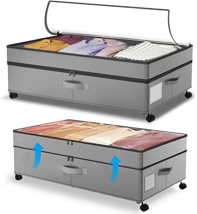 Under Bed Storage with Wheels Height Adjustable 2 Pack Under Bed Storage Containers with Clear Lid & Handles Rolling Under Bed Drawers for Clothes Shoes Toys Blankets Grey