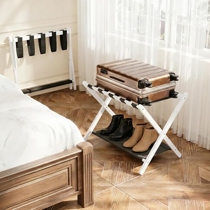 Bamboo Luggage Rack for Guest Room, 26.77" Folding Wide Suitcase Stand with Fabric Storage Shelf, Thickened Luggage Stand Holder for Bedroom Hotel, Luggage Rack for Suitcases (1 Pack - White)