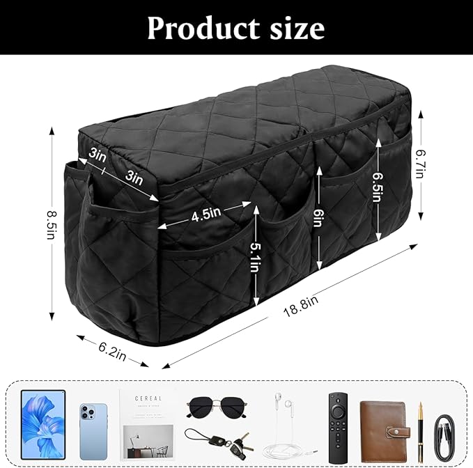 Remote Control Holder, Non Slip Bedside Armchair Caddy, Recliner Arm Caddy Armrest Organizer with 14 Pockets for Cell Phone TV Remote Control Magazines, Black