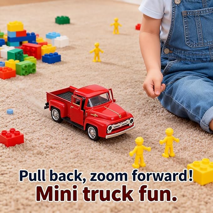 Vintage Red Pickup Truck Toy -Pull and GoTrucks for Kids and Boys.Farmhouse Holiday Centerpiece Winter Decor for Mantel,Tabletop,– Toy Gift for Family,Child,Christmas Enthusiasts(With Free small Tree)
