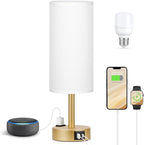 Fenmzee Gold Touch Lamp for Bedroom- 3 Way Dimmable Bedside Lamp USB C A Charging Ports and AC Outlet, Small Table Lamp White Linen Lampshade for Gift, LED Bulb Included