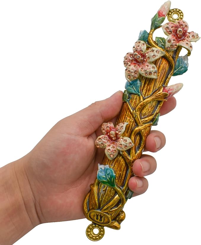 Mezuzah with Scroll for Door, Enamel&Zinc Alloy Blessing Mezuzah Case for Door, Colored Painted Mezuzha Scroll Kosher for Jewish Gifts/Jewish Decor, Christmas (Brushed Gold, 2.28x9.64 in)