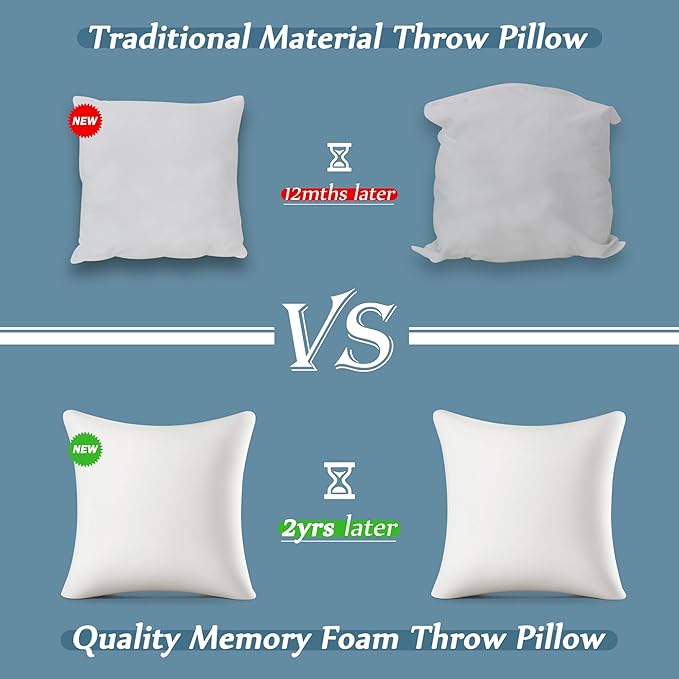 AM AEROMAX 22 × 22 Throw Pillow (Pack of 4) Memory Foam Pillow Insert - Square Accent Pillow for Decorative Cushion Bed Couch Sofa - Non-Deforming Over Time