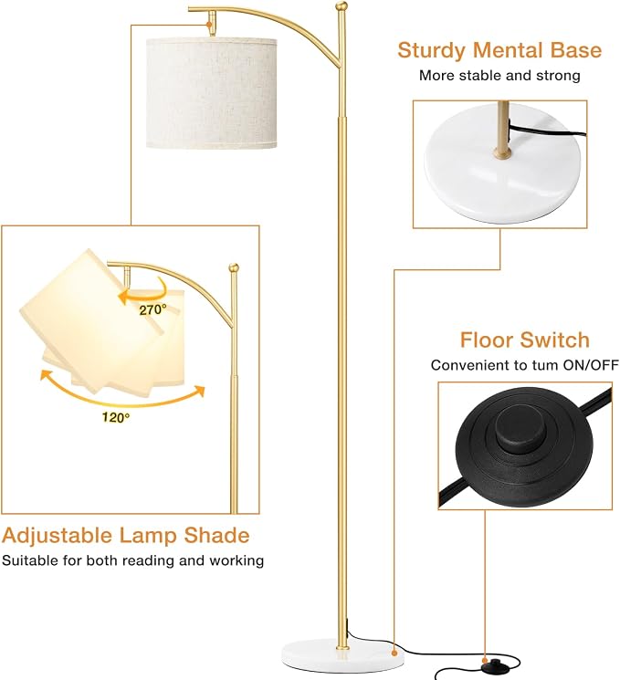 Ambimall 60" Floor Lamp for Living Room with 3 Color Temperatures, Gold Standing Lamp with White Marble Base, Modern Tall Lamp for Bedroom Office, 9W LED Bulb Included
