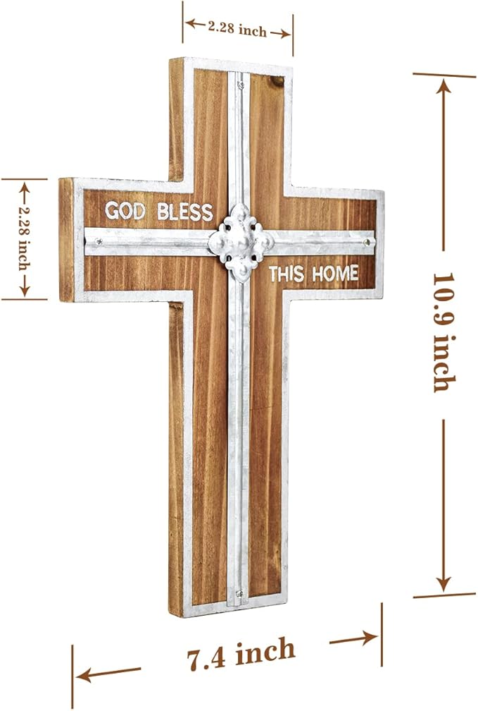 Wall Cross Retro Catholic Wooden Hanging Crosses Baptism with Metal Spiritual Religious Cross with Hook Silver Edge Blessed Letter Design Christmas Crucifix Gift for Church Home Wall Decor