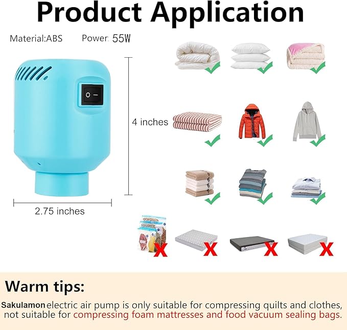Electric Vacuum Storage Bag Pump, 55W Portable Compression for Clothing and Travel (Storage Bag Not Included), Blue