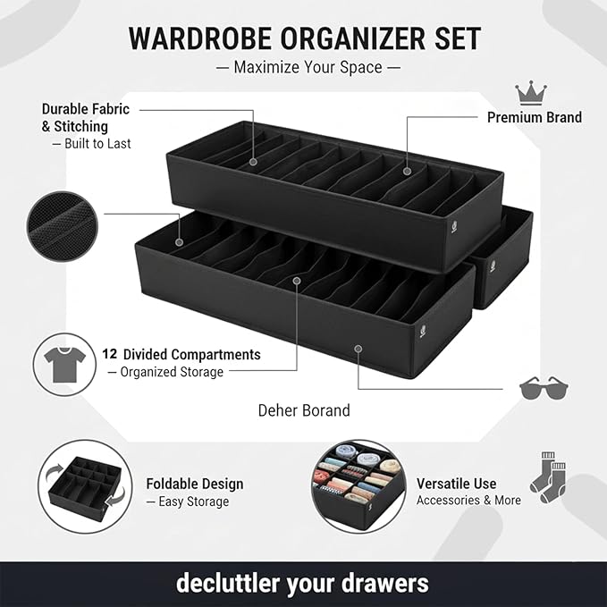 Drawer Organizer Clothes -3 Pcs T shirt organizer Multipurpose Dresser Drawer Organizer for Adults & Kids, Closet Foldable 12 Cells per Organizer - Closet Organizers & Storage, Shirt Folder - Black