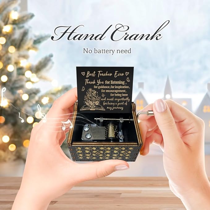 Teacher Appreciation Gifts for Women,Men,Hand Crank Antique Engraved Wood Music Boxes,Thank You Gift for Teacher on Christmas,Thansgiving Day,Birthday,Teacher's Day,Retired