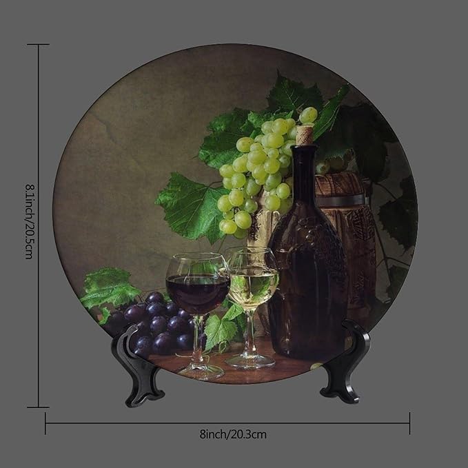 Decorative Plate Stand, 8 Inch, Grapes And Wine On Wooden Table Round Display Plate, Handmade Ceramic Ornament, for Home Kitchen Bedroom Decorative Ornaments
