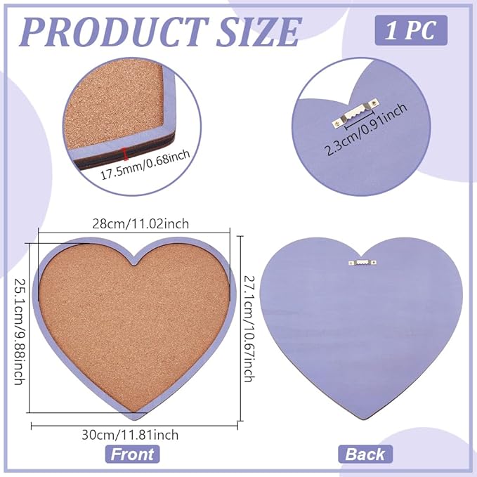 BENECREAT Purple Heart Pin Cork Board Bulletin Display Board, 10.6x11.8inch Wall Mounted Cork Board for Brooch Pin Storage, Office Home Festival Valentine's Decor