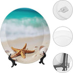 Starfish Theme Decorative Ceramic Plate Round Porcelain Plate,7 inch,Beach Pattern,for Decorative Ornaments Giving Plates,1 Plate with 1 Display Stand,Orange White