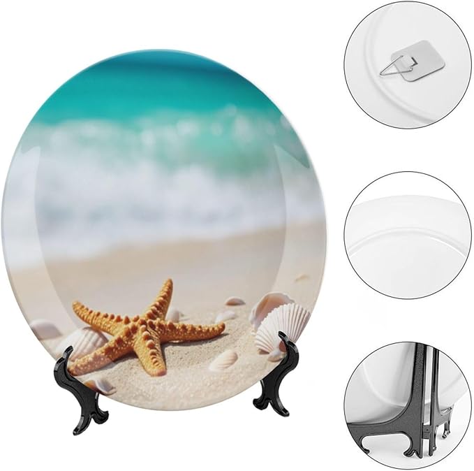 Starfish Theme Decorative Ceramic Plate Round Porcelain Plate,7 inch,Beach Pattern,for Decorative Ornaments Giving Plates,1 Plate with 1 Display Stand,Orange White