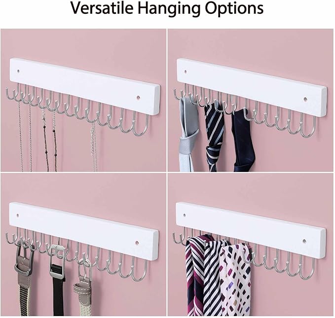 Hanging Jewelry Organizer Wall Mounted, Modern Jewelry Display with 28 Hooks, Decorative Necklace Holder for Wall, Space Saving Necklace Hooks, (2 Packs, White)