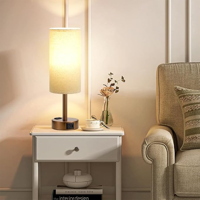 Fenmzee Brown Bedside Table Lamp for Bedroom - 3 Way Dimmable Touch Lamp USB C Charging Ports and AC Outlet, Small Lamp Round Flaxen Fabric Shade for Living Room, Desk, LED Bulb Included