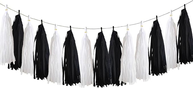 20Pcs Black and White Paper Tassel Garland,Tissue Tassel Banner for Party Decorations