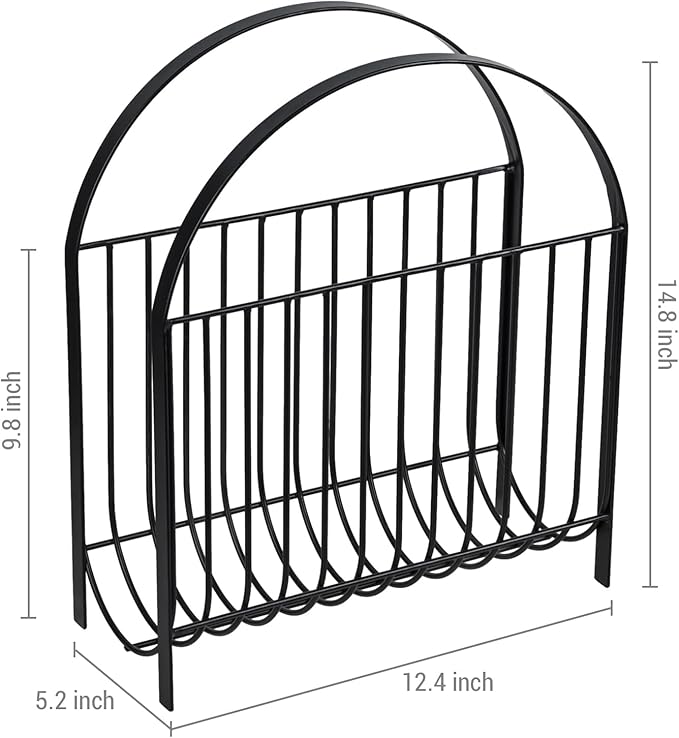 MyGift Deluxe Mid Century Metal Wire Magazine Rack in Matte Black Finish, Tabletop or Floor Standing Sling Basket for Magazines and Newspapers