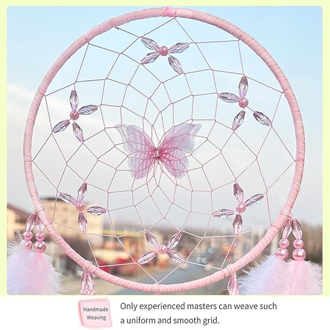 Handmade Feather Dream Catchers, Dream Catchers for Girls with Butterfly, Art Room Decoration for Kids Bedroom, Home Decoration Wedding Party Blessing Gift (Pink)