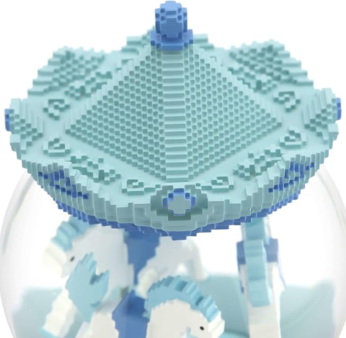 Pixel-Design Carousel Snow Globe Music Box, Compact Decorative Gift for Collectors and Creative Spaces, Light Blue Edition, Plays Toyland Melody