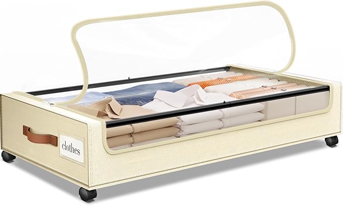 Under Bed Storage with Wheels 1Pack Underbed Storage with Clear Window&Label Under Bed Drawers Large Capacity Rolling Under Bed Storage for Clothes,Shoes, Blankets (Beige)