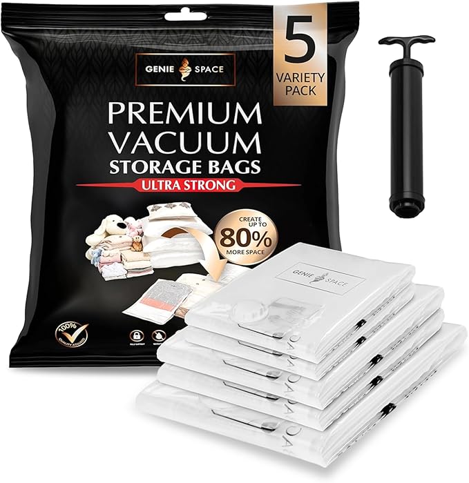 GENIE SPACE Premium Vacuum Storage Bags for Clothes, Bedding and Travel, Variety 5-Pack (1 XXL + 2 XL + 2 L), Airtight, Odor-Proof and Reusable Space Saver Bags with Double Zipper Seal and Hand Pump