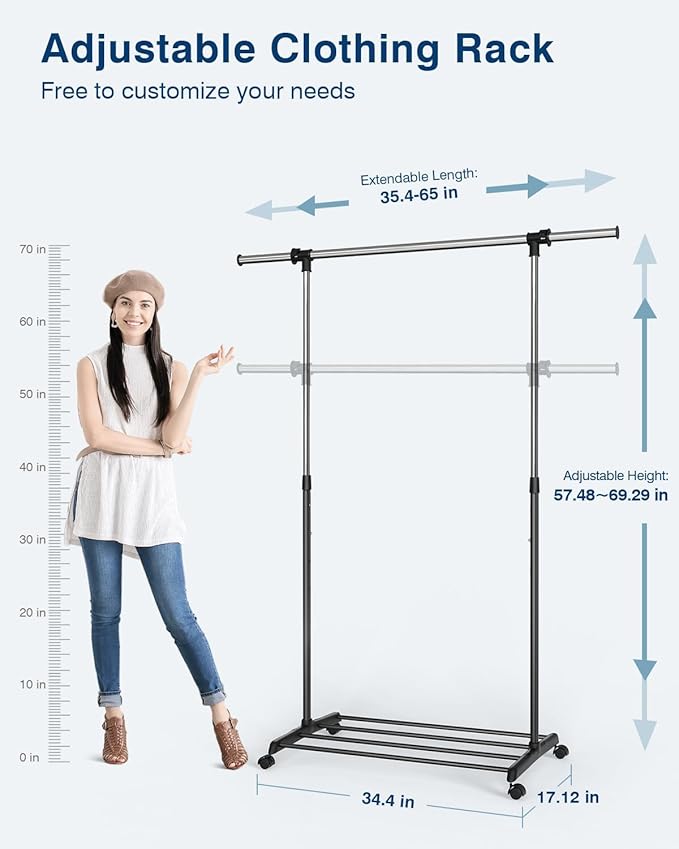 Whitmor Heavy Duty Adjustable Garment Rack-Rolling Clothes Organizer, Black and Chrome