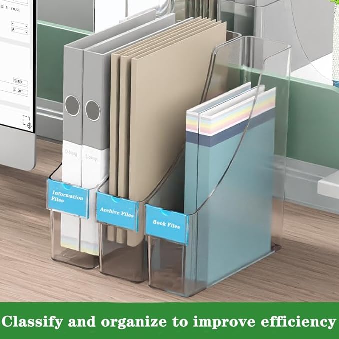 2 Pack Vertical File Holder Clear Acrylic Desk Organizer Storage Bins Holding Plastic Document Organizer PET Magazine Holder Basics Vertical Magazine Rack for Home Office School