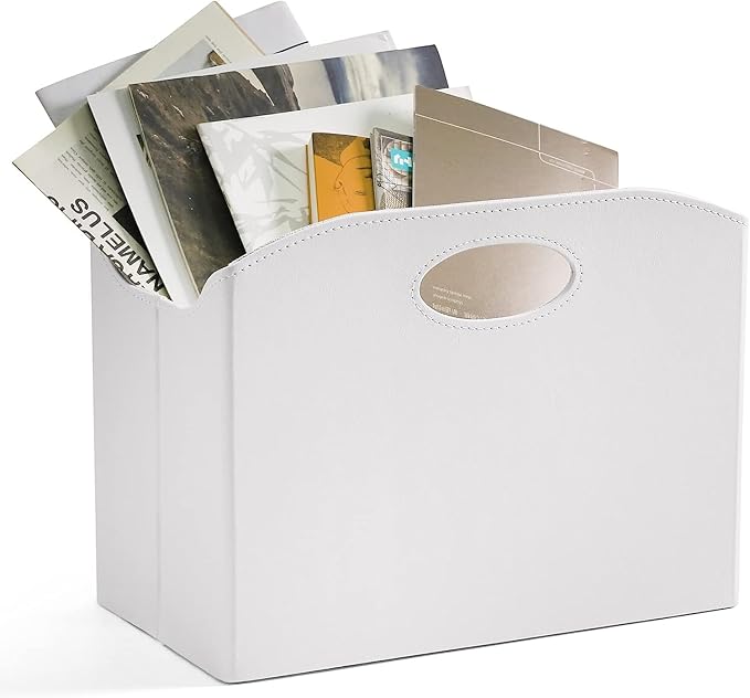 EZDeco Magazine Holder Foldable Magazine Rack Floor PU Leather File Holder Newspaper Book Storage Magazine Basket Document File Folder Organizer for Office Home (White-2)