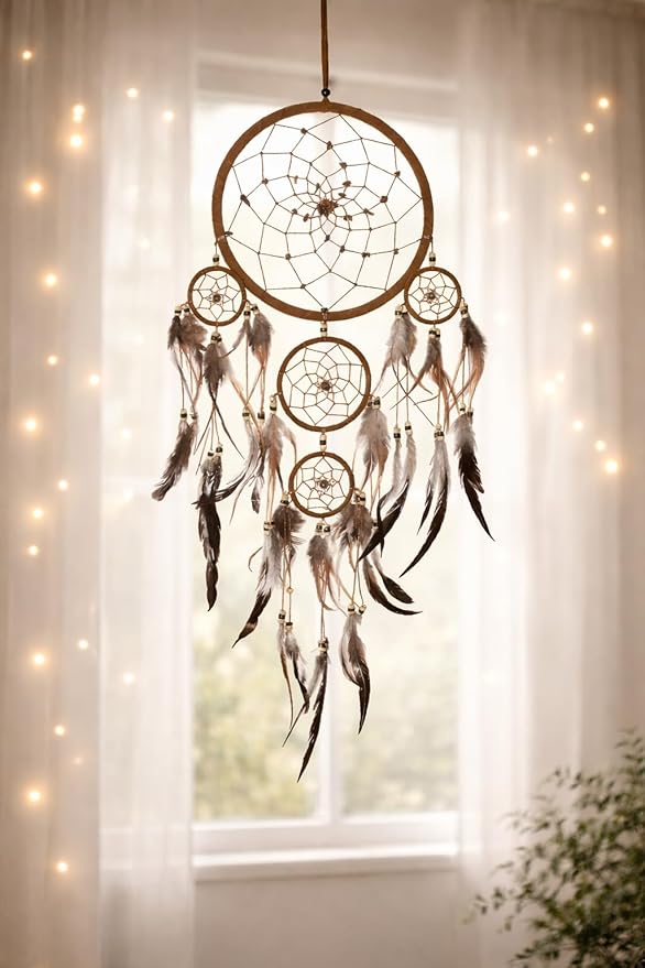 OMA Dream Catcher Wall Hanging with Tiger Eye Stones and Feathers, Brown Suede Traditional Dream Catcher Boho Home Decor Bedroom Decoration Gift Large Size - 28" Long x 9" Diameter