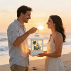 Tropical Beach Vacation Themed Snow Globe Lantern with Music - USB or Battery Powered Light Up Water Lantern with Surfboard Swirling Glitter Water Globe Costal Ocean Decor (Coconut Tree)
