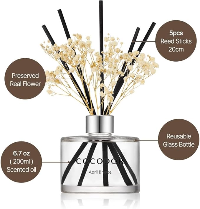 COCODOR Preserved Flower Reed Diffuser/Freesia&Pear/6.7oz/1Pack / Home Fragrance Scent Essential Oil Stick Diffuser for Bedroom Bathroom Home Decor