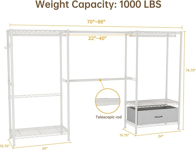 Coat Rack Clothes Wardrobe：Closet Organizer and Storage Clothing Garment Rack with Shelves Heavy Duty for Hanging Clothes Portable Adjustable White 15.8" DX69 WX76.5 H